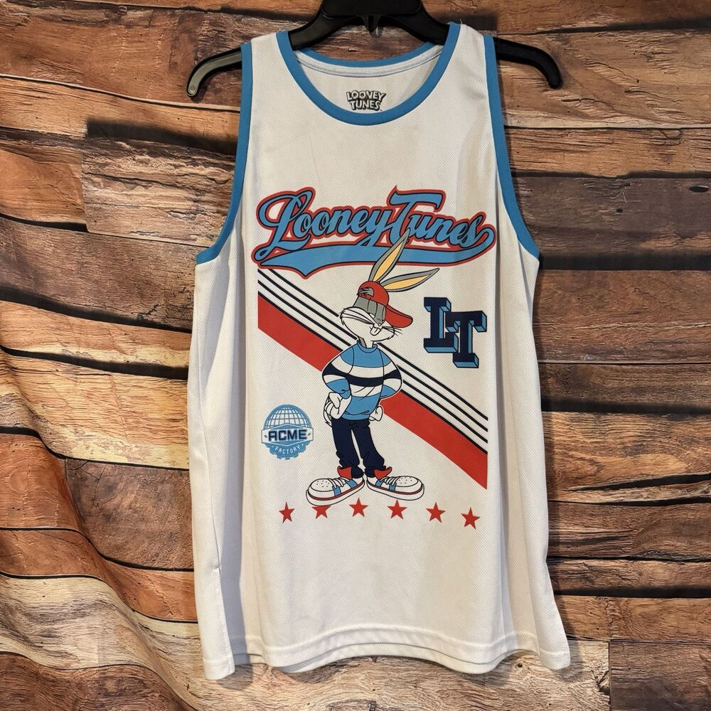 Looney Tunes Bugs Bunny Basketball Jersey Medium M White ACME Tank Top Stained